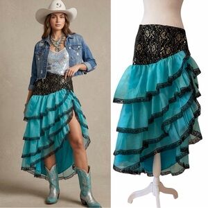 Vintage 80s Turquoise Ruffled High-Low Festival Skirt Western Space Cowboy